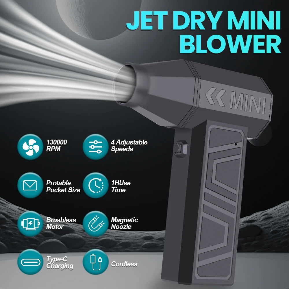 Soplador Turbo Inalámbrico 130000RPM — 4 Velocidades, Carga Tipo-C